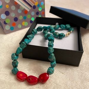 Turquoise Nugget Coral 14k Gold Southwestern Strand Necklace